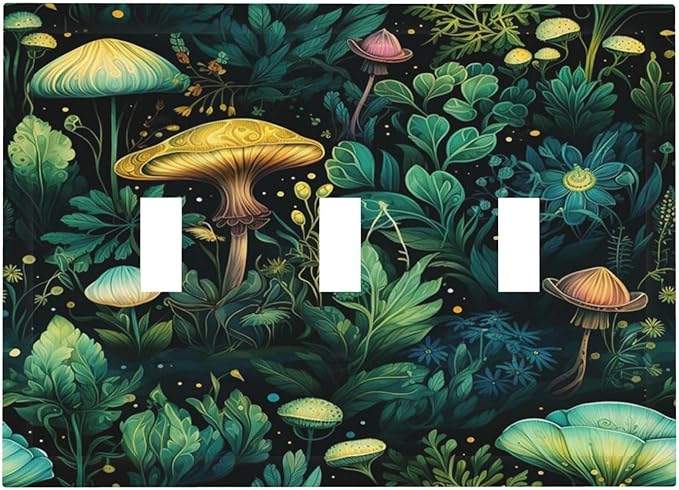 Green Dark Forest Mystical Mushroom 3 Gang Light Switch Covers Triple Toggle Wall Plate Decorative Switchplate Electrical Faceplate for Country Bathroom Bedroom Kitchen Decor