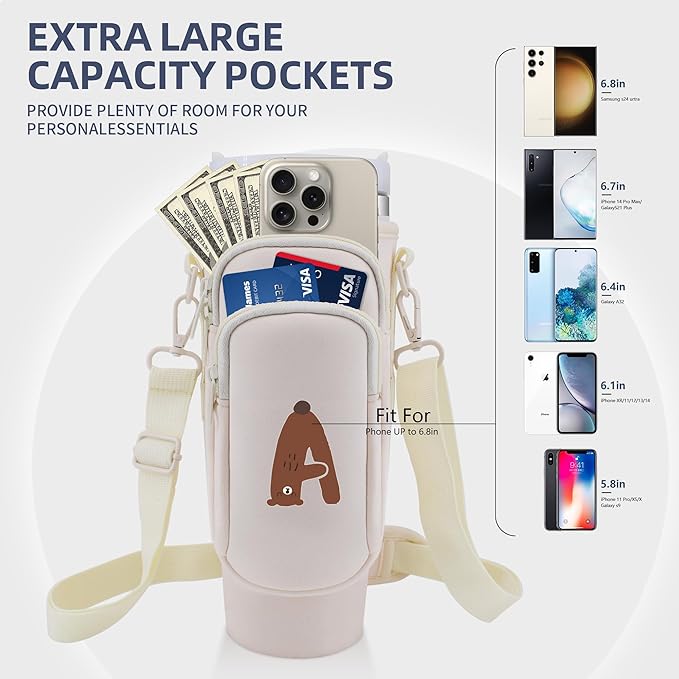 Water Bottle Carrier Bag with Phone Pocket for Stanley 40 oz Tumbler Neoprene Water Bottle Holder Pouch with Adjustable Strap Bollus with Straw Cover & Carabiner for Stanley Cup Accessories