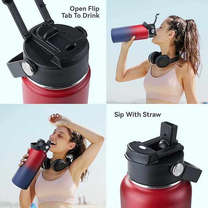 Kerilyn Stainless Steel Insulated Water Bottle, 40oz Double Wall Vacuum Insulated Water Bottle Leak Proof with Silicone Straw, Wide Mouth Lid, BPA Free, Keep Cold and Hot, 40oz, Red Gradient