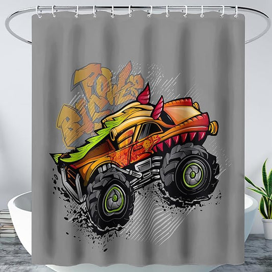 AILONEN Truck Shower Curtain for Kids Boys Teens,Red Monster Truck Bath Curtain for Bathroom Decor,Jam Truck Polyester Waterproof with 12 Plastic Hooks 72" W*72" H