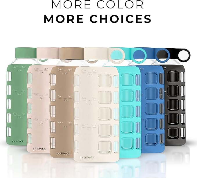purifyou Premium 40/32 / 22/12 oz Glass Water Bottles with Volume & Times to Drink, Silicone Sleeve & Stainless Steel Lid Insert, Reusable Bottle for Fridge Water, Milk, Juice (22oz Pearled Ivory)