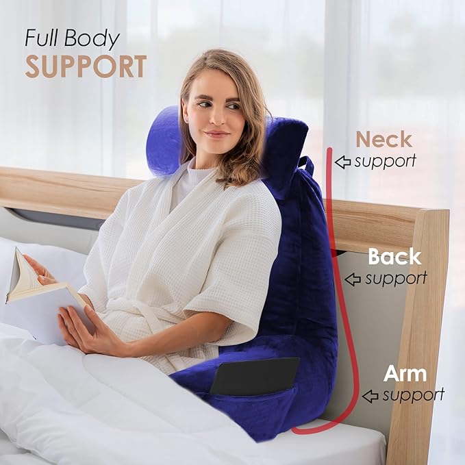 Nestl Reading Pillow Large Bed Pillow, Back Pillow for Sitting in Bed Shredded Memory Foam Chair Pillow, Reading & Bed Rest Pillows Royal Blue Back Pillow for Bed, Bed Chair Arm Pillow with Pockets