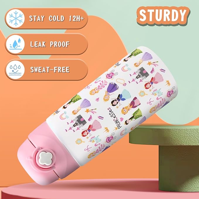 Kids Insulated Water Bottle with Covered Pop-Up Straw,16oz Kids Cups with Stainless Steel Leak Proof for School Boys Girls（2-Princess）