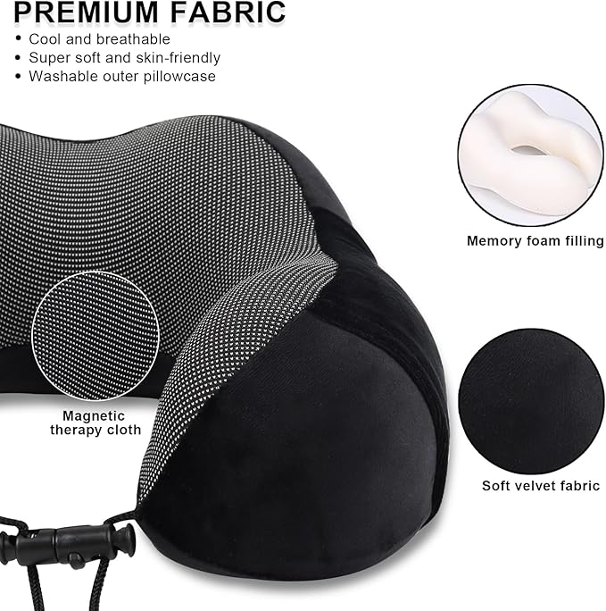 Pure Memory Foam Travel Pillow Set for Adults - Comfortable & Breathable Removable Cover, Airplane Travel Kit with Eye Mask & Portable Storage Bags for Plane Accessories - Black
