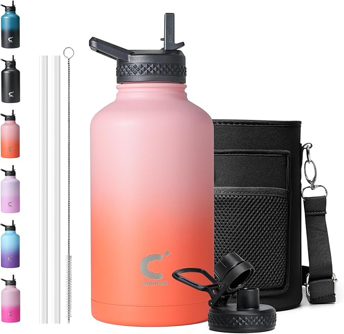 Coolplus Insulated Water Bottle 64 oz, Half Gallon Water Jug With Straw Stainless Steel Double-Walled Vacuum Metal Large Flask With Carry Sleeve for Sports Gym Ourdoor, Keep Cold 48 Hrs, Orange