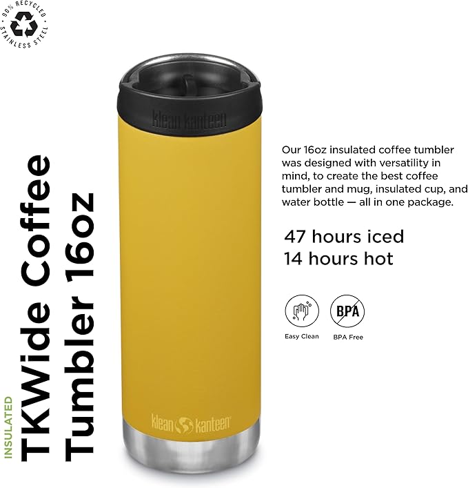 Klean Kanteen TKWide Insulated Coffee Tumbler with Café Cap - Stainless Steel Coffee Tumbler - 16 Oz, Marigold