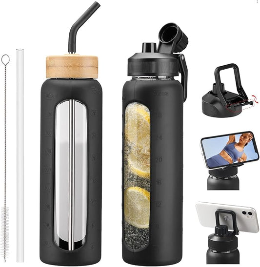 Glass Water Bottles with Straw -32oz- Water Bottle Phone Holder for Gym Large Motivational Water Bottle with Time Marker Glass Drinking Bottles 2 Lids - Spout & Bamboo Straw Lid(Black)