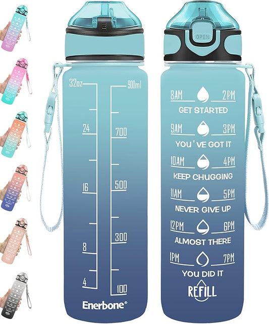Enerbone 32 oz Drinking Water Bottle with Times to Drink and Straw, Motivational with Carrying Strap, Leakproof BPA & Toxic Free, Ensure You Drink Enough Water for Fitness Gym Outdoor