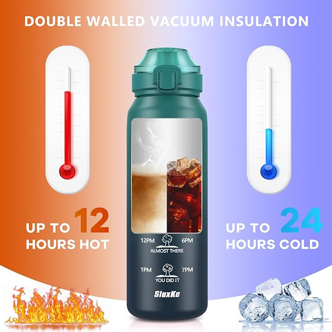 Sports Water Bottle 18/10 Stainless Steel 32oz with 2Lids, 1000ml Insulated Water Bottle Double Walled with Handle, Metal Canteen Keep Cold 48H Hot 24H for Men, Women & Kids