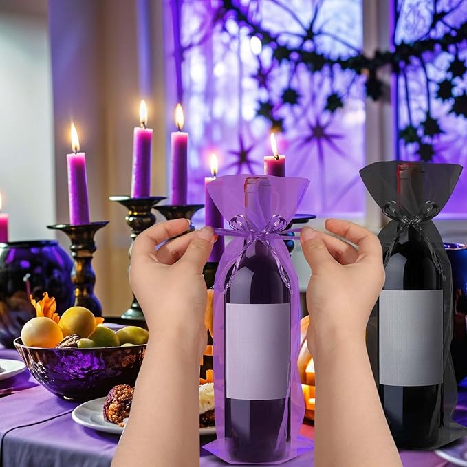 Megitzuu 20 Pieces Organza Wine Bags, 14.6 x 5.5 Inch Wine Gift Bag with Drawstring Sheer Mesh Wine Gift Pouches Bottle Covers for Halloween Christmas Wedding Party Favors (Black+Purple)