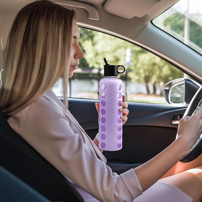 MUKOKO Glass Water Bottles, 32oz Glass Tumbler, Drinking Bottles with 2 Lids-Handle Flip Straw Lid&Bamboo Lid, Motivational Water Bottle with Time Marker and Silicone Sleeve, Leakproof-1 Pack-Purple