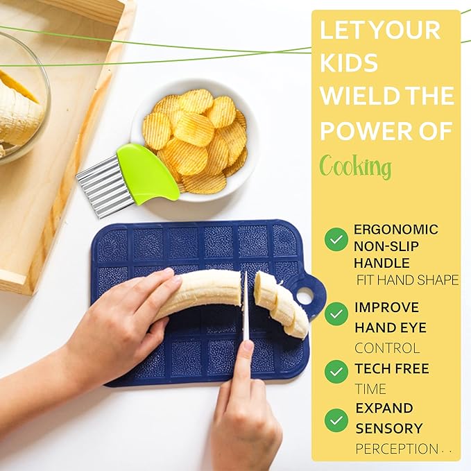 Toddler Knife Set for Real Cooking 4-Pcs Nylon Kids Knife Set with Crinkle Cutter - Kid Safe Knives in 3 Sizes for Cutting Fruit, Lettuce and Bread - Serrated Edges, Firm Grip