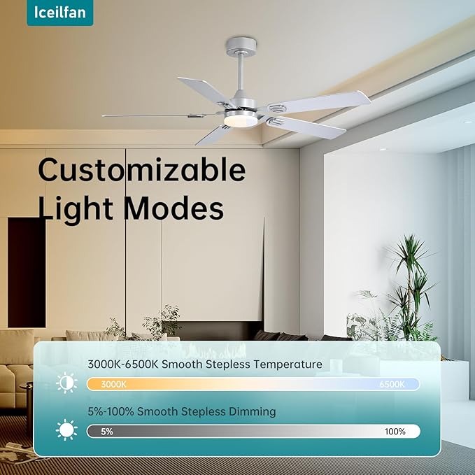 Ceilling Fans with Lights 52 Inch,6 Speeds Dimmable LED Silver Ceiling Fan with Remote,Reversible Quiet DC Motor Bedroom Ceiling Fan with Remote Control,Indoor Outdoor Ceiling Fan for Patios