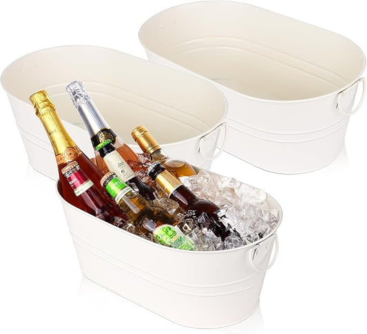 Galvanized Tub Beverage Tubs, 3pcs Metal Ice Buckets for Cocktail Bar 3 Gallon Wine Beer Drink Buckets with Handles Large Tin Tub Cooler Mimosa Bar Supplies Ice Bucket (White)