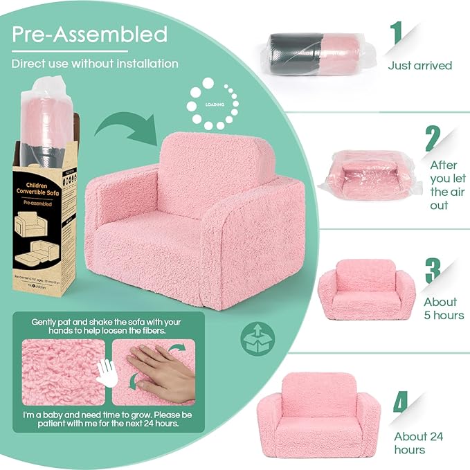 ACRABROS Kids Couch Toddler Chair: Sofa Bed Fold Out for Girls Boys Pink