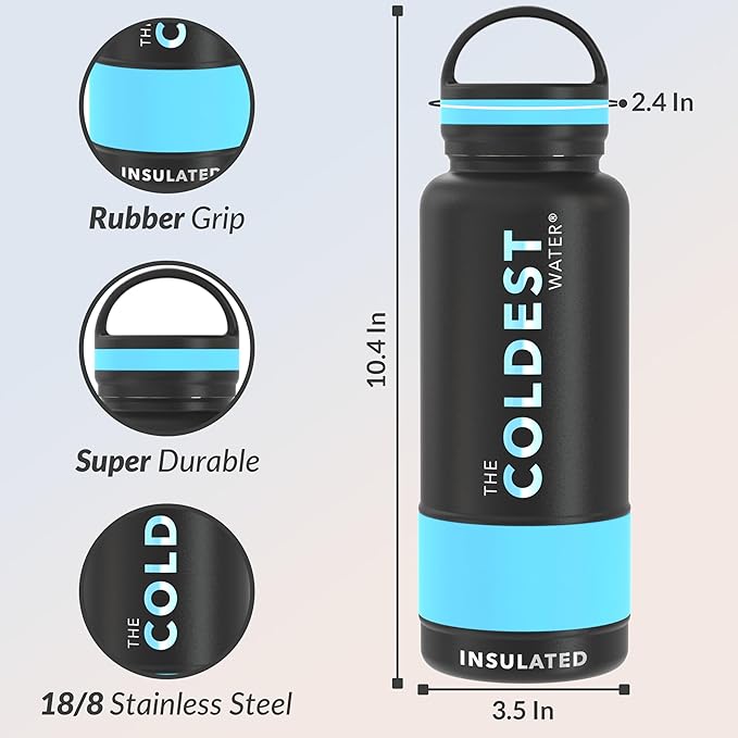 Coldest Insulated Water Bottle with Handle Lid | Leak Proof, Insulated Modern Stainless Steel, Triple Walled, Sport Thermos Bottles, Metal Flask | 32oz