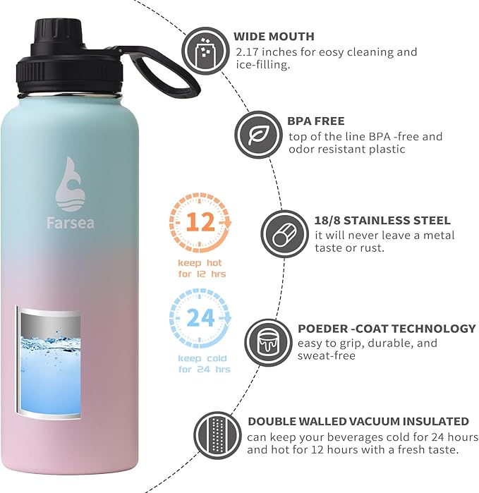 Farsea Insulated Water Bottle With Paracord Handle, Protective Boot and 2 Lids (Straw Lid & Spout Lid), Stainless Steel Water Bottle Wide Mouth, Double Wall Sweat-Proof BPA-Free, 40 oz