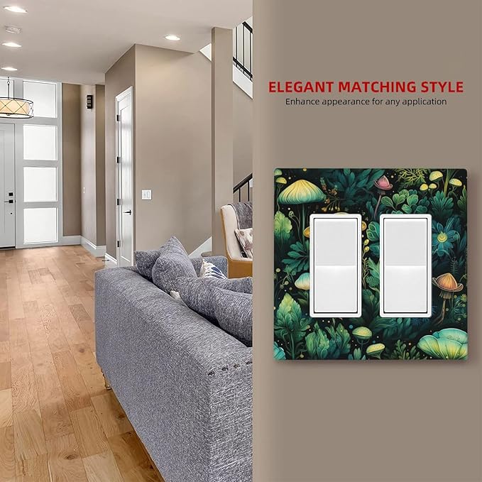 Green Dark Forest Mystical Mushroom 2 Gang Rocker Decora Light Switch Covers Dual Outlet Covers Wall Plate Decorative Switchplate Electrical Faceplate GFCI for Country Bathroom Bedroom Decor