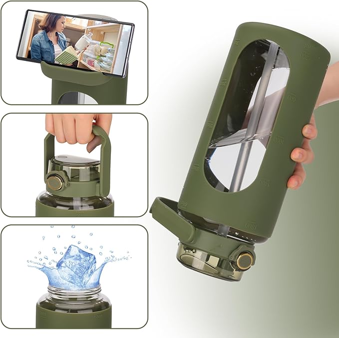 Moretoes 64oz Glass Water Bottle with Straw, Motivational Glass Bottle with Time Marker and Silicone Sleeve, Reusable Large Sports Water Jug for Outdoor Family Exercise (Olive Green)