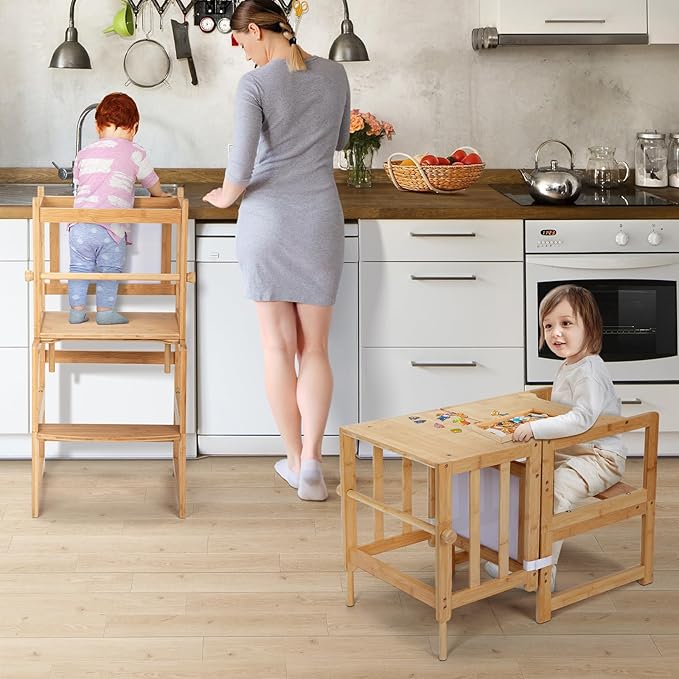 COSYLAND 3-in-1 Multifunctional Toddler Standing Tower, Kids Kitchen Step Stool with Whiteboard, Desk Table and Chair, Enjoys Unique Patented Design,FSC,CPC,SOR,CE Natural