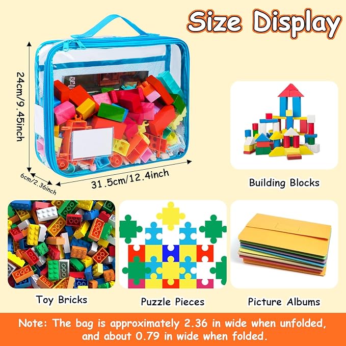 4 Pack Toy Storage Organizer Bag for Lego Bricks, Clear PVC Zippered Blocks Set with Manual Pocket& Name Tag, Waterproof Toy Carrying Case for Board Games& Building Blocks (Large, Colorful)