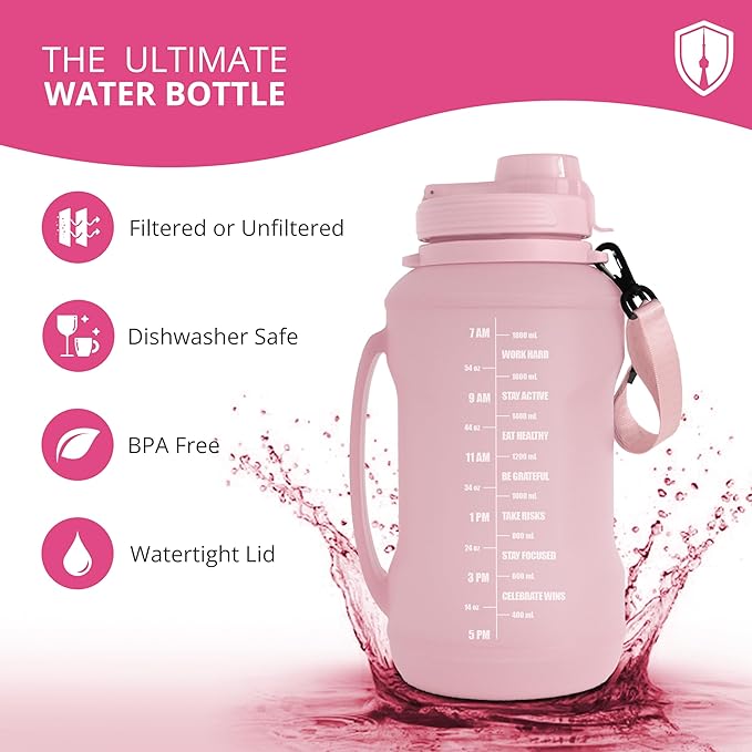 Collapsible Water Bottle for Traveling, Workout or Hiking 64oz Gen 2.0 - Motivational Water Bottle with Time Markings - Half Gallon / 2 L Capacity - BPA Free & Dishwasher Safe (Fruity Pink + Filter)
