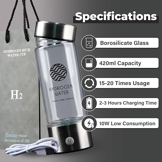 Hydrogen Water Bottle, Portable Rechargeable Hydrogen Water Bottle Generator, Purify Water Quality in 3 Minutes, Glass Water Ionizer, Healthy Hydration Bottle with Free Paracord Handle by XYZEE