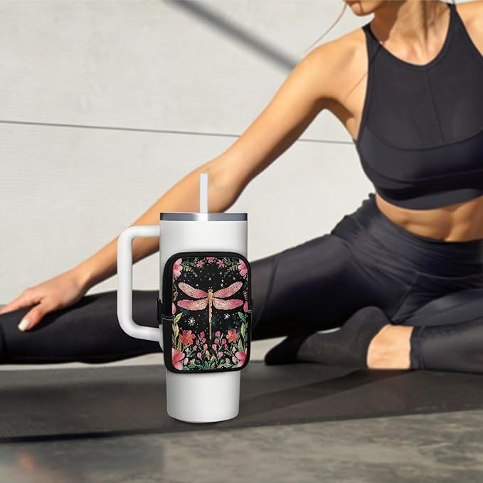 Dragonfly Flower Stanley Cup Pouch with Adjustable Strap Water Bottle Storage Bag 20oz-40oz IceFlow Tumbler Pouch for Stanley Accessories