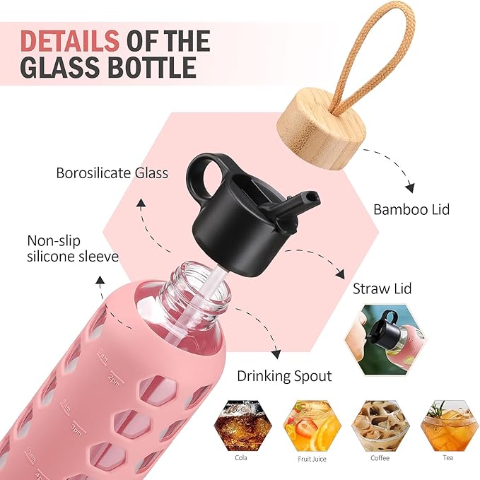 MUKOKO Glass Water Bottles, 24oz Glass Tumbler, Drinking Bottles with 2 Lids-Handle Flip Straw Lid&Bamboo Lid, Motivational Water Bottle with Time Marker and Silicone Sleeve, Leakproof-1 Pack-Pink