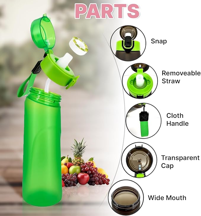 Water Bottle,650 ml scent water bottle with 5 flavor pods,Leak proof and BPA-free sports air water bottle with straw,suitable for outdoor sports,0 sugar,0 calorie,Ideal gift (green)