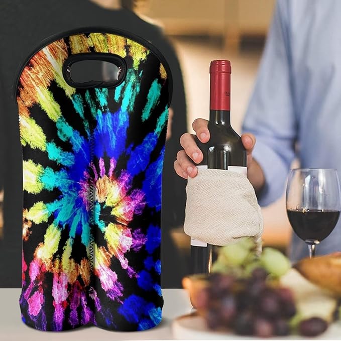 doginthehole Insulated Wine Carrier Tie Dye Design Wine Carrier Bag Neoprene Champagne Bottle Protective Cover Bags Portable Wine Cooler Bag for Travel Picnic Beach Wine Gifts