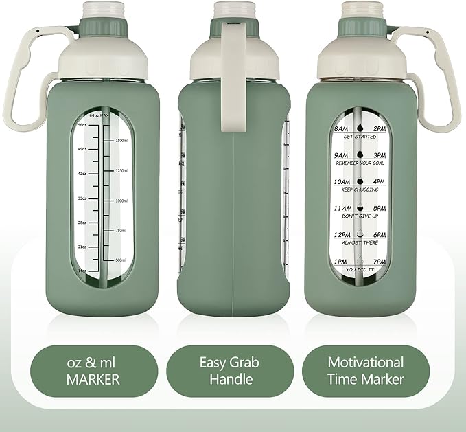 MUKOKO 64oz Glass Water Bottles with Straw, Half Gallon Water Bottle with Time Marker, Motivational Water Bottle with Silicone Sleeves,Large Glass Water Bottle for Gym,Working,Outdoor,Olive