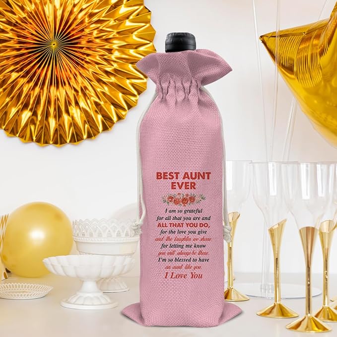 HOIJAUMAI Auntie Gift Best Auntie Ever Gift Best Auntie Wine Bag Best Auntie Ever Wine Gift Bags for Birthday Mother's Day (Pink)