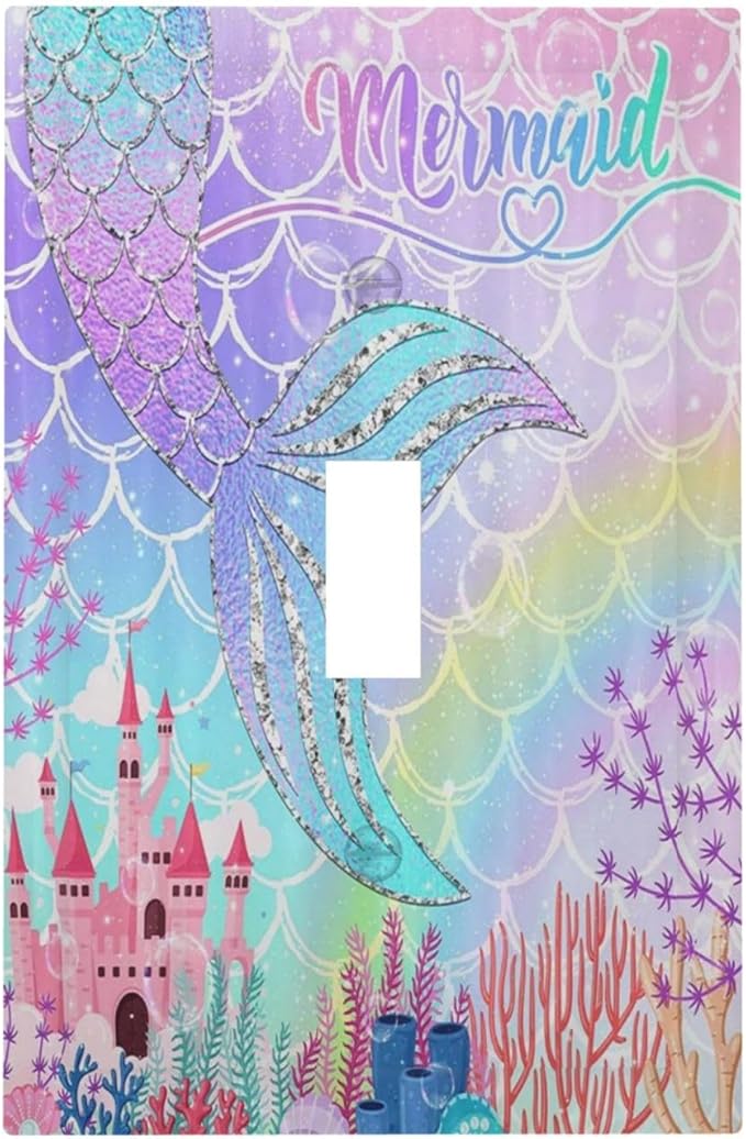 Silvery Glitter Cute Mermaid Tail Fantasy Castle 1 Gang Light Switch Covers Single Toggle Wall Plate Decorative Switchcover Electrical Switchplate for Kidroom Nursery Bedroom Kitchen Decor
