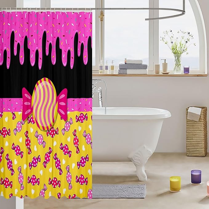 Feelyou Sweet Candy Shower Curtain 72"x78" Kids Donuts Print Bathroom Shower Curtain Set for Boys Girls Teens Love Heart Bath Curtain Black Pink Yellow Bathroom Accessories