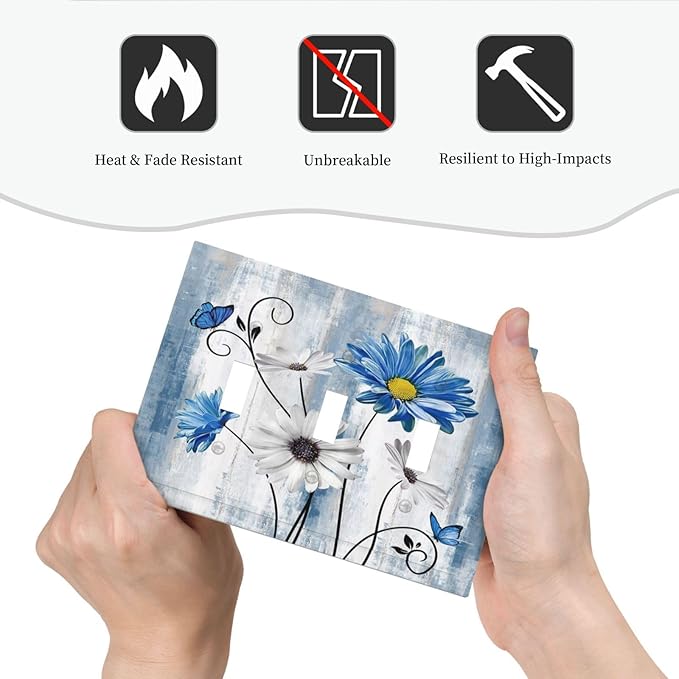 Rustic Teal Blue Daisy Floral Farmhouse 3 Gang Light Switch Covers Triple Toggle Wall Plate Decorative Switchplate Electrical Faceplate for Country Bathroom Bedroom Kitchen Decor