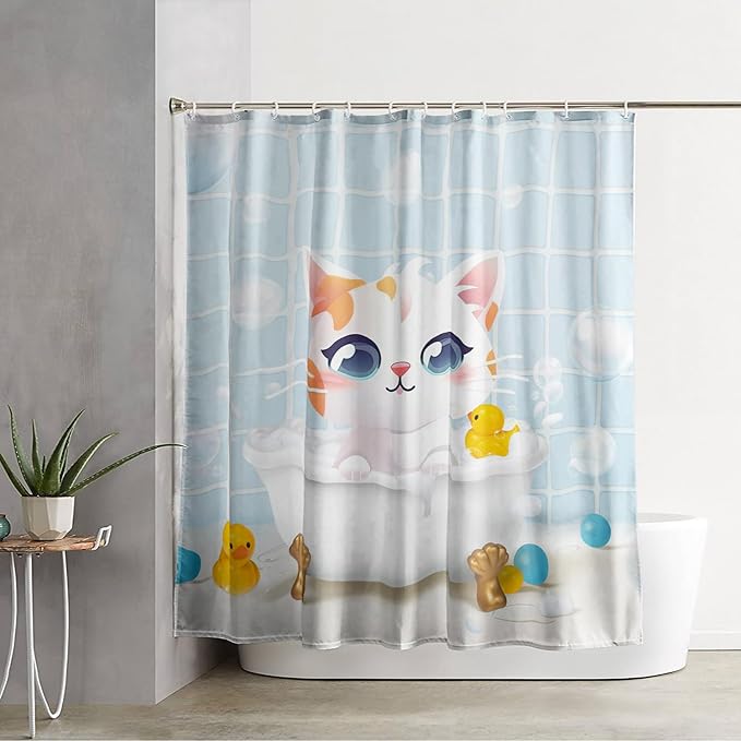 AILONEN Cartoon Bathtub Cat Shower Curtain for Kids 60" W*72" H Kawaii Shower Kitten and Duck Shower Curtain,Polyester Waterproof Fabric Decor for Bathroom Bathtub Panels