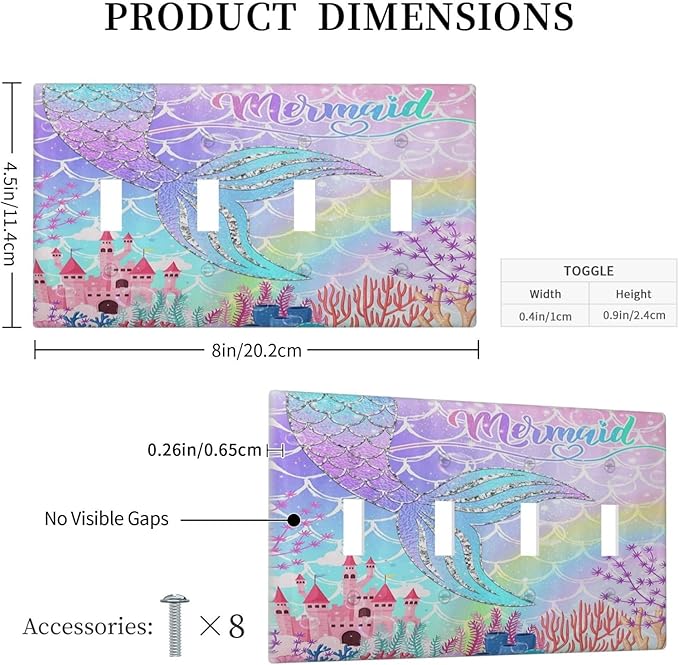 Silvery Glitter Cute Mermaid Tail Fantasy Castle Quad Toggle Light Switch Covers 4 Gang Wall Plate Decorative Switchplate Electrical Faceplate for Kidroom Nursery Bedroom Kitchen Decor