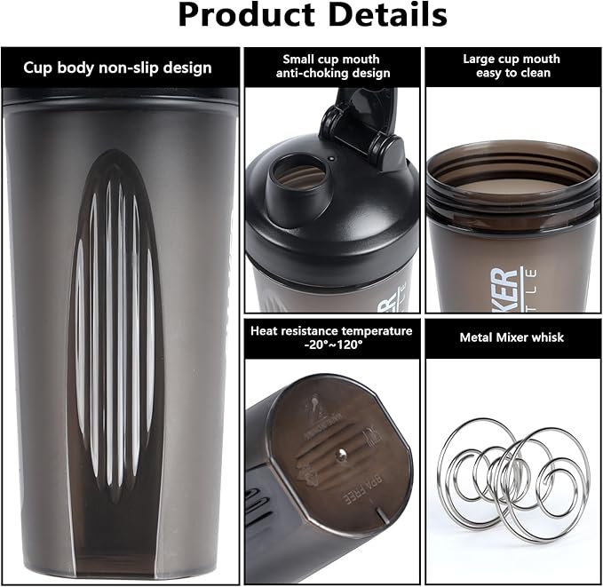 Shaker Bottle, 600ml Classical Protein Shaker Cup with Mixing Ball for Smooth blending, Leak-Proof GYM Workout Water Bottles for protein& Smoothie Shake，Bpa Free (20oz / Black)