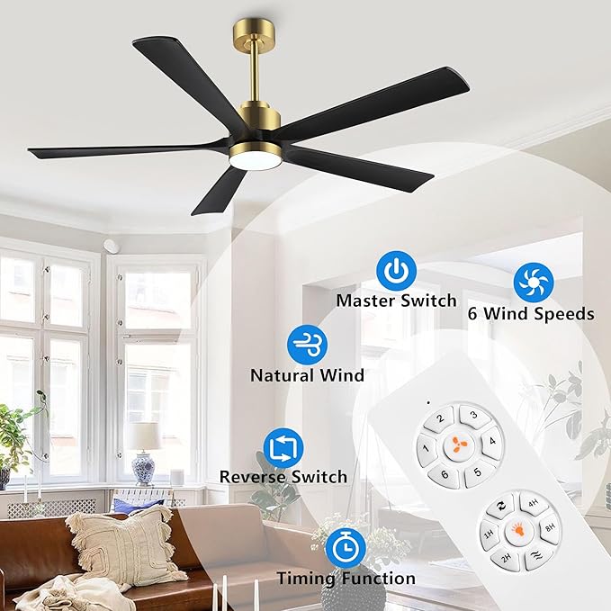 52" Modern Ceiling Fan with Light and Remote Control, 5 Solid Wood Blades 6-Speed Noiseless Reversible DC Motor, Ceiling Fan for Bedroom Dinning Living Room, Gold Finish with Black Blades