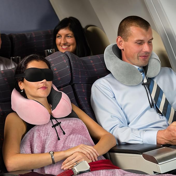 Travel Pillow and Blanket Set Neck Pillows Soft Blankets with Sleep Mask Travel Essentials for Airplane Car Memory Foam Grey