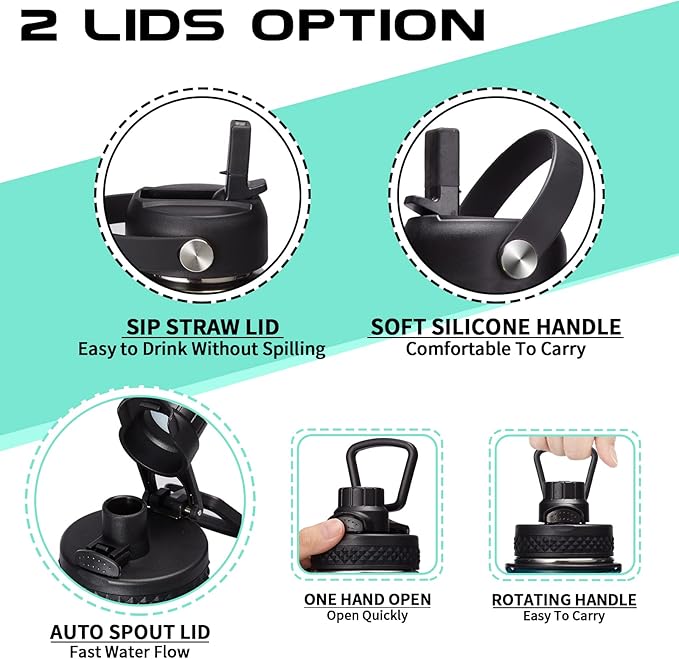 64oz Water Bottle Stainless Steel - with Paracord Handle, Straw & Auto Spout Lids, Shoulder Carrier Bag & Insulated Bottle Protective Boot, Sweat-Proof Half Gallon Metal Insulated Flask Wide-mouth