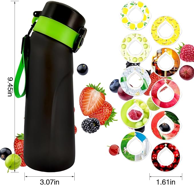 Air Water Bottle with Flavor Pods, 750ML Scent Water Cup with Flavor Pods Box，0% Sugar Fragrance Water Bottle Suitable for Outdoor Sports (Blackgreen+10pods)