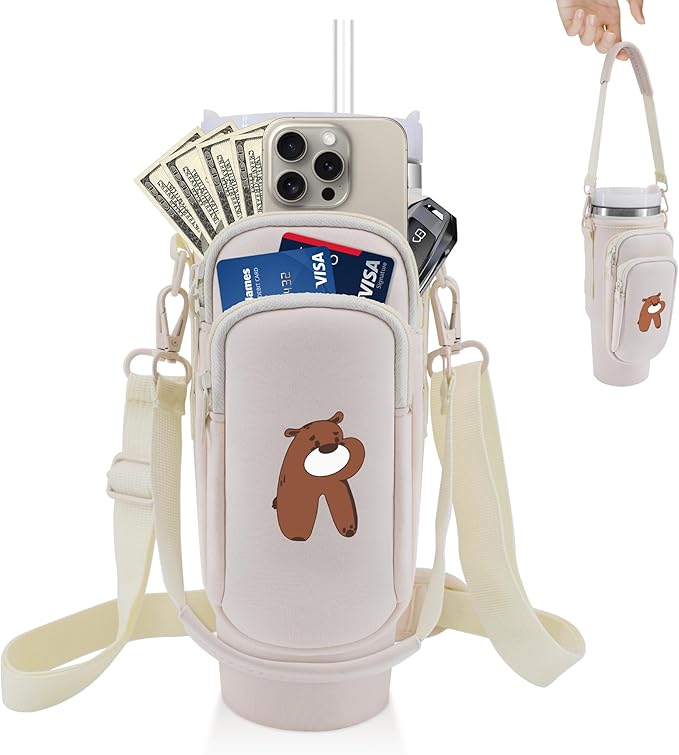 Water Bottle Carrier Bag with Phone Pocket for Stanley 40 oz Tumbler Neoprene Water Bottle Holder Pouch with Adjustable Strap Bollus with Straw Cover & Carabiner for Stanley Cup Accessories