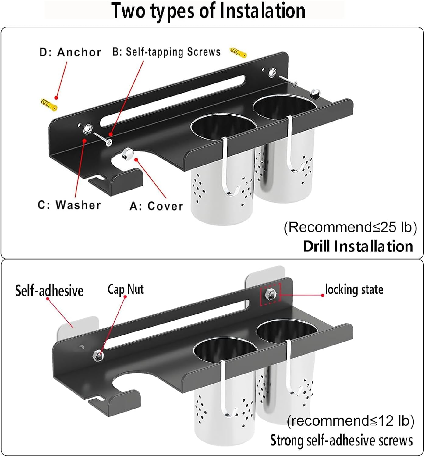junyuan Hair Tool Organizer Wall Mount,Self Adhesive Hair Dryer Holder for Bedroom & Bathroom,Blow Dryer Holder for Dyson Hair Dryer,Stainless Steel Cups for Medium or Small Bathroom Storage 4" Width