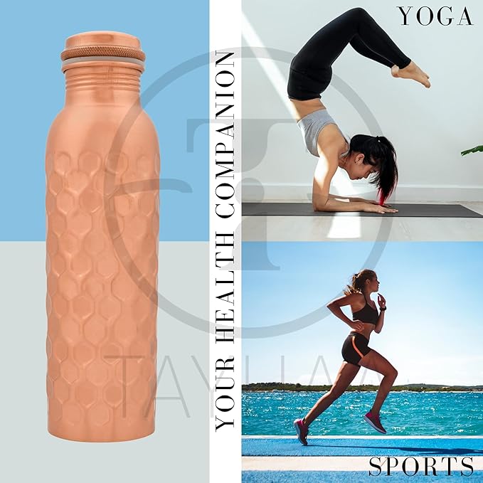 Pure Copper Metal Water Bottle - Indian Hand-Crafted Ayurveda Healing Benefit Water Bottle for Drinking, Travel, Hiking, Gym, Office, Outdoor - Normal Finish - 950 ML