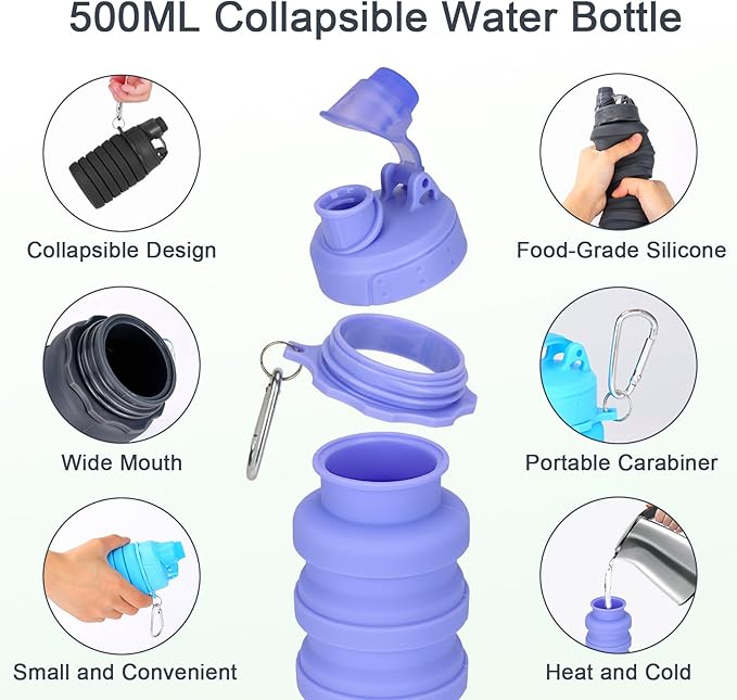 Collapsible Water Bottles, Water Bottle for Girl, Kids, Portable Water Bottle with Leakproof Lid, Reusable Food-Grade Bpa-Free Silicone Travel Bater Bottles for Gym, Hiking, Sports, Camping, Biking