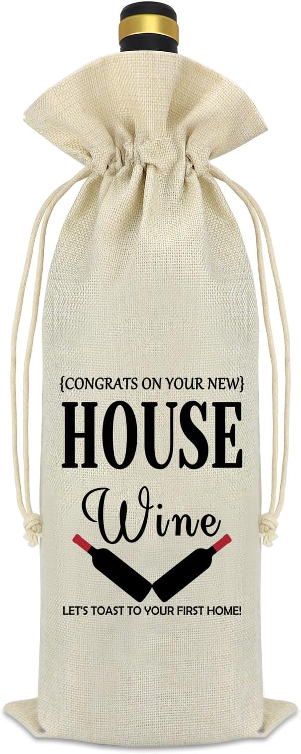 House Warming Gifts New Home Wine Bag Housewarming Gifts for New House First Home Gifts New Home Owners Gift Realtor Gift for Clients Couple Gift New Home Decorations Drawstring Burlap Wine Bottle Bag