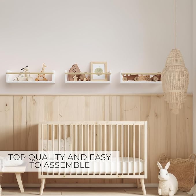 Decorative Nursery Bookshelves for Kids - Set of 3 Easy to Install Floating Shelves for Wall Mount - Beautiful Hanging Organizer Furniture for Your Baby Boy or Girl's Bedroom and Play Room Decor