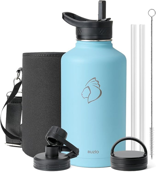 BUZIO Water Bottle with Straw lid, Spout Lid, Hand Lid and Carrying Pouch, 32oz 40oz 64oz Stainless Steel Water Flask Jug, Cold for 48 Hrs Hot for 24 Hrs Double Vacuum Thermo Canteen Mug, BPA-Free